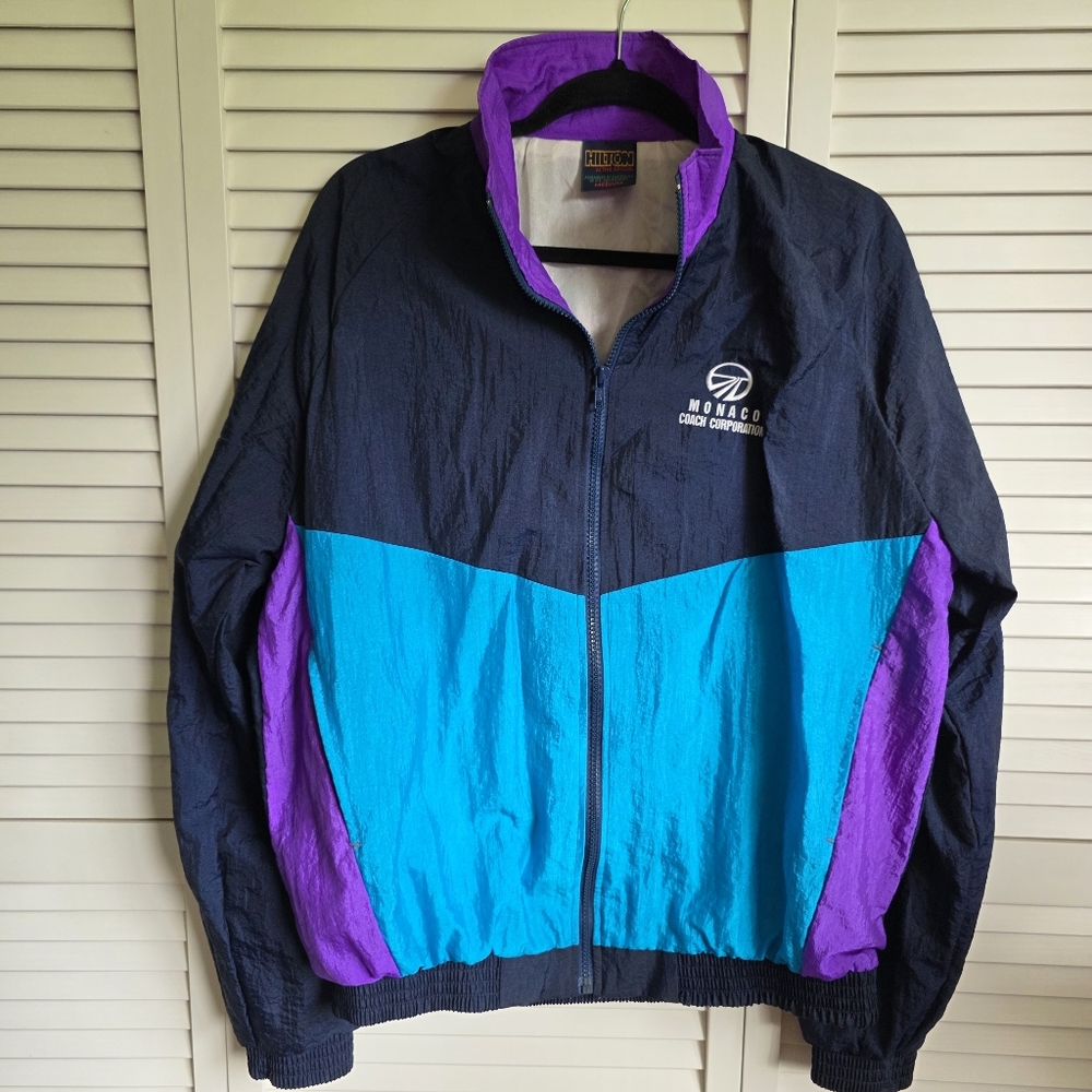 VTG Hilton All Sport Thirst Quencher Windbreaker Jacket M Navy Purple Teal 80s